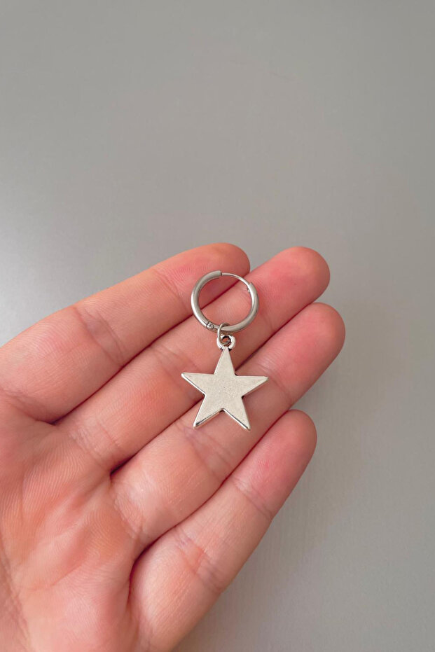 Unisex Silver Big Star Figure Dangle Steel Hoop Earrings