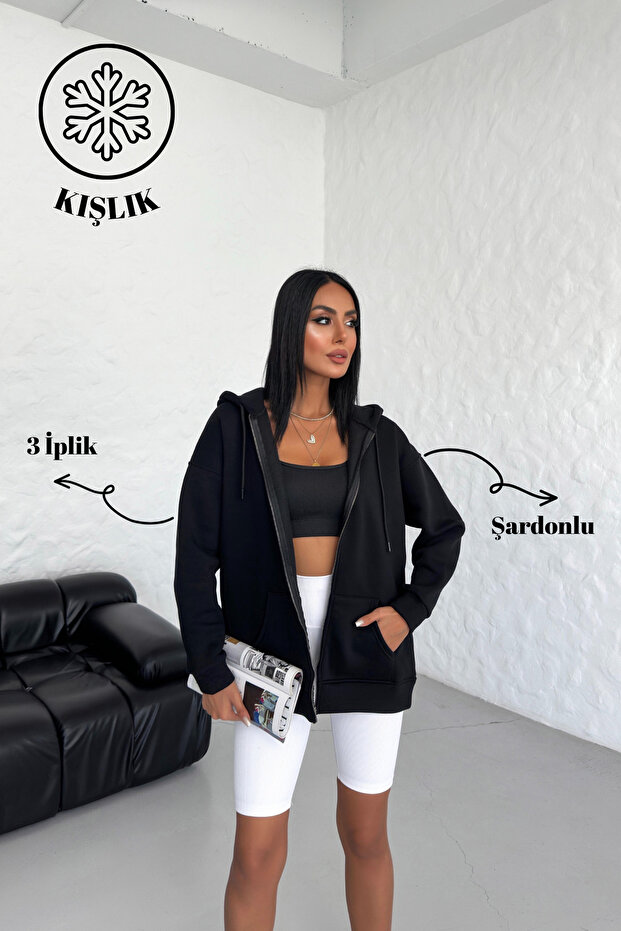 Women's Black Oversized Sweat Cardigan with Hood and Kangaroo Pocket