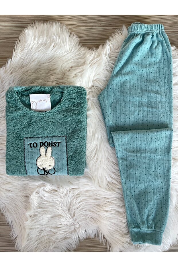 Green Rabbit Patterned Fleece Pajama Set