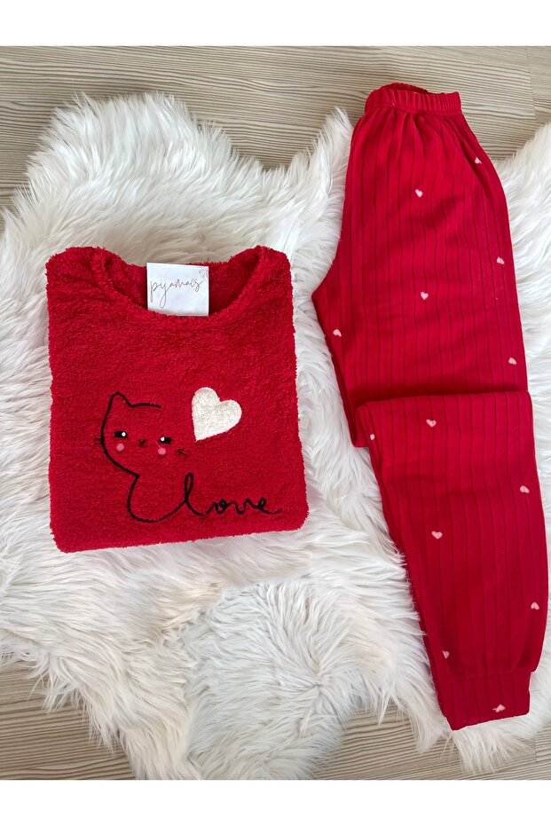 Kırmızı Kedi ve Kalp Desenli  Polar Pijama Takımı - 2