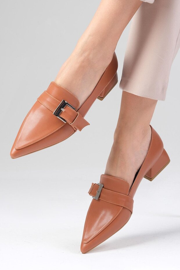 Carola Tan Color Pointed Toe Women's Low Heel Shoes