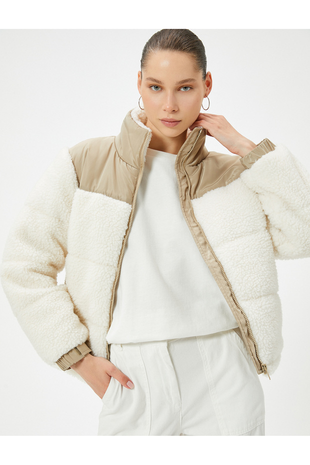 Plush Inflatable Coat with Stand Collar and Zipper Pockets