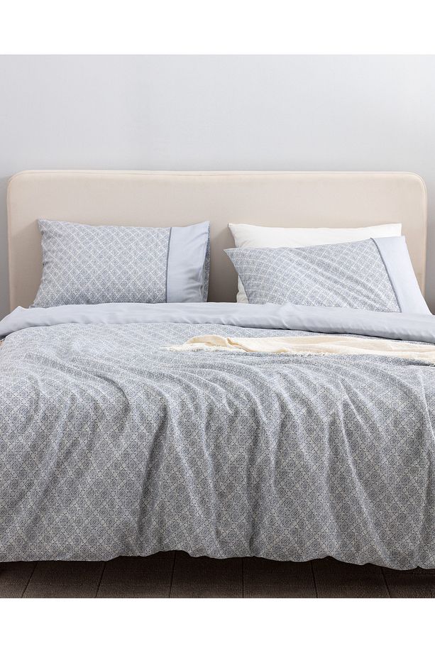 Clarice King Size %100 Pamuk Madame Coco Crep Baskılı Nevresim Takımı - Mavi/Gri - 2
