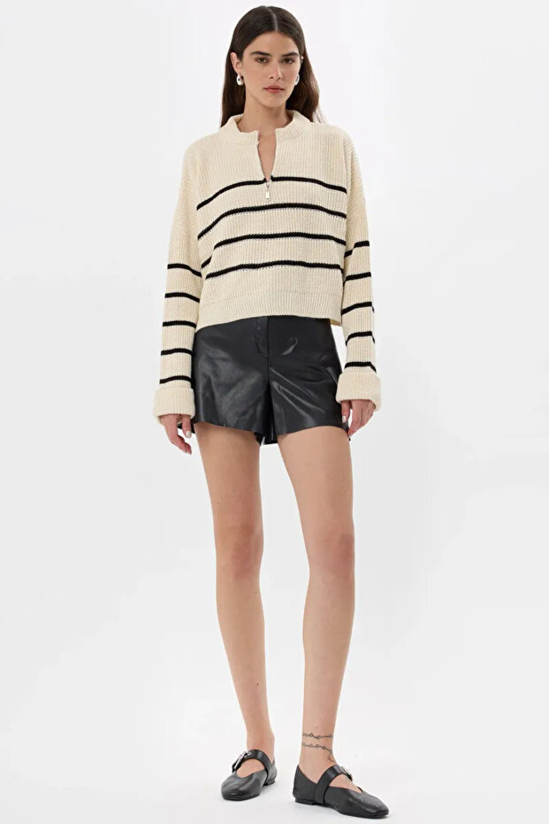 Çizgili Fermuarlı Örme Kazak - 1