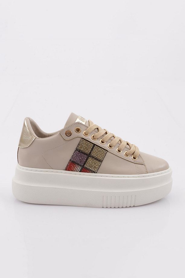 Kadın Kalın Taban Silver Taşlı Sneakers Ayakkabı Bej 15299723118 - 1
