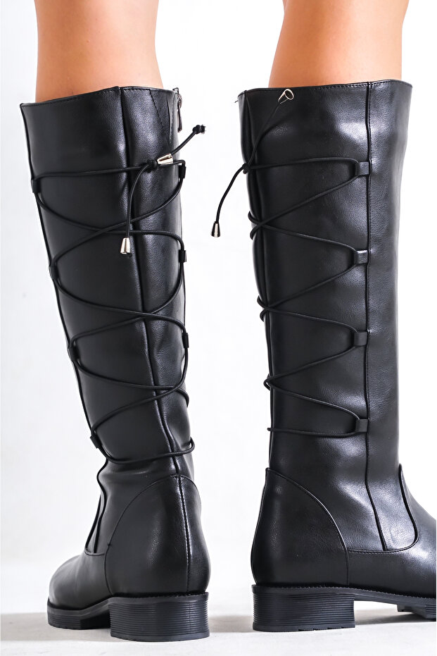 Térd alatti teljes fűzős, oldalsó cipzáras női csizma - 2