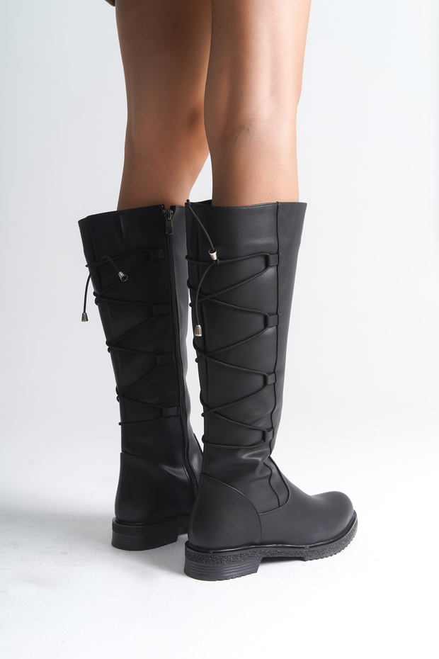 Térd alatti teljes fűzős, oldalsó cipzáras női csizma - 7