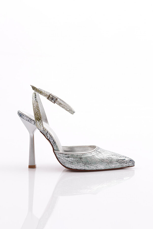 Women's Ankle Strap Evening Dress Shoes Silver Snake 719121085