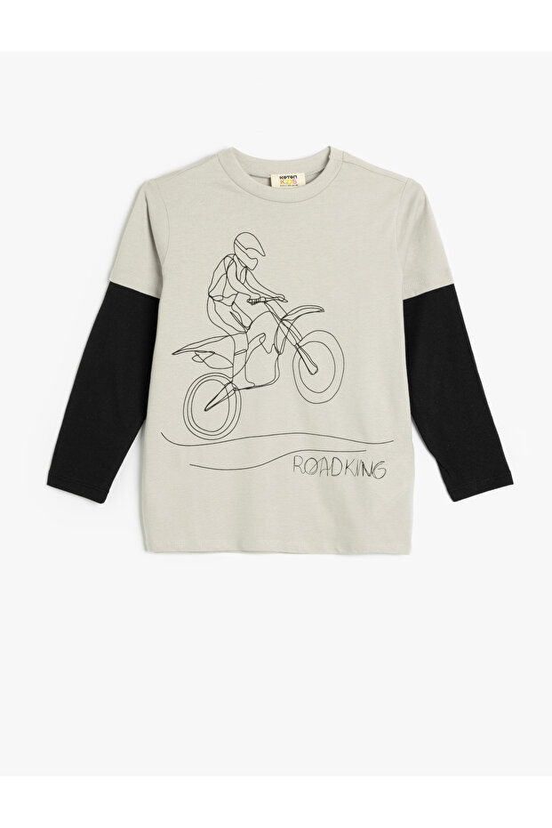 T-Shirt Motorcycle Printed Long Sleeve Crew Neck Cotton