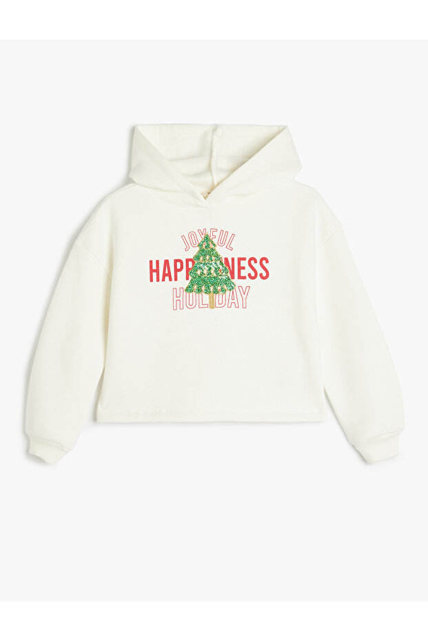 Hooded Sweatshirt New Year Printed Glitter Detailed Raised