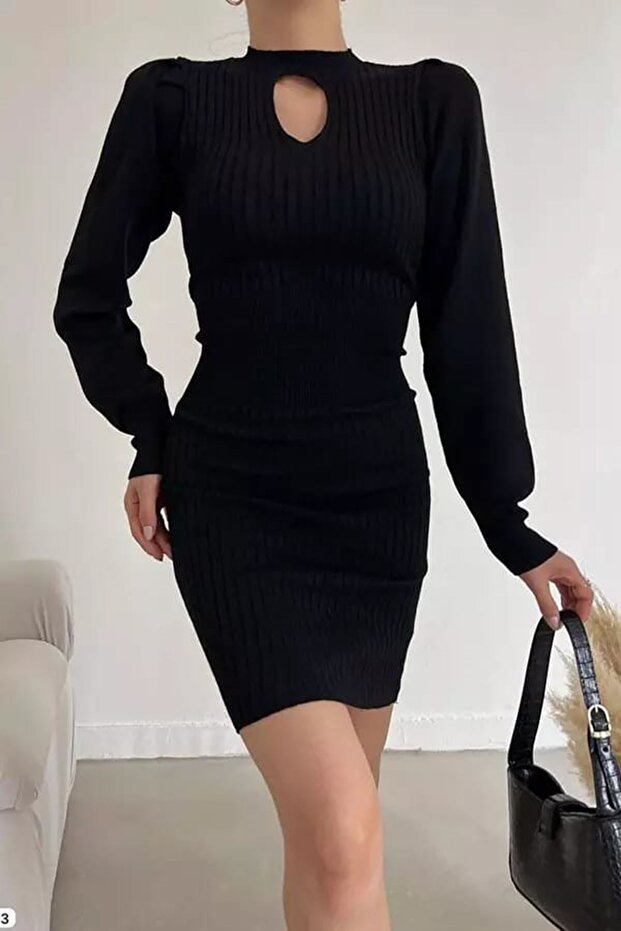Black Drop Collar Knitwear Fabric Standard Size Long Sleeve Dress 1F-2290