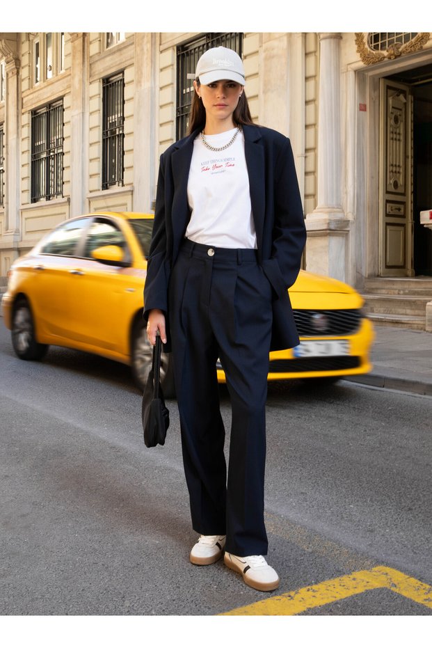 Straight Fit Fabric Trousers with Pleated Detail - Navy Blue - Benin