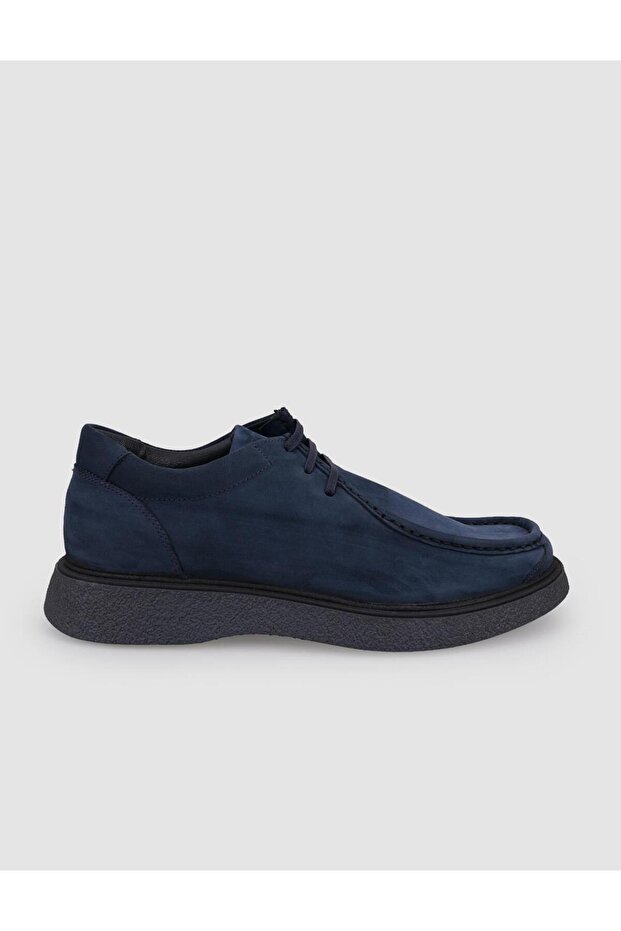 100% Genuine Leather Navy Blue Nubuck Lace-Up Men's Casual Shoes