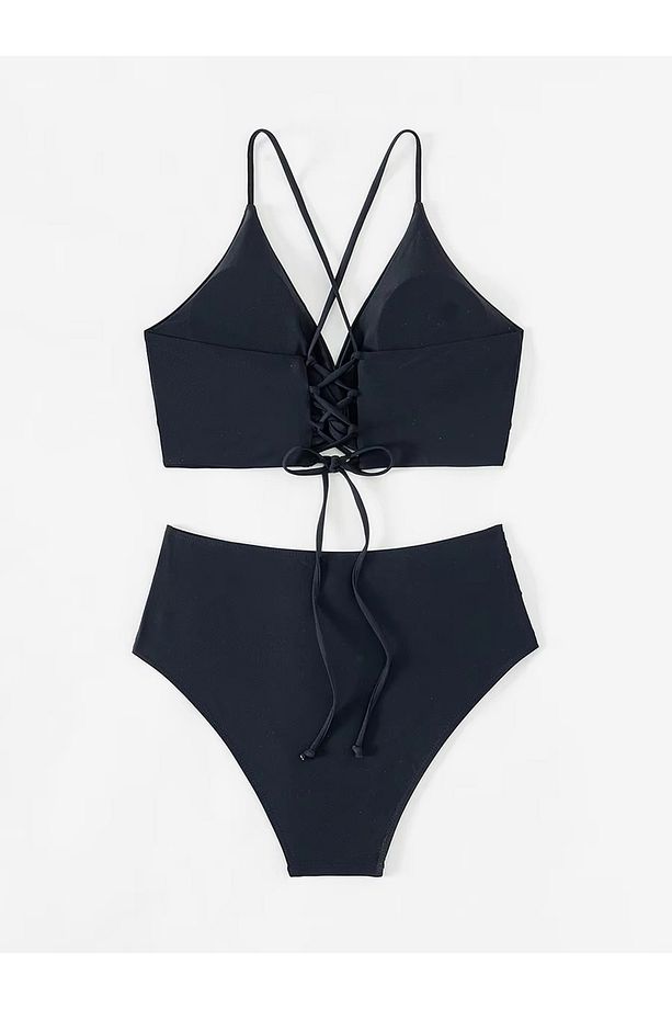 Derin V çapraz yüksek bel Bikini Takımı - 6