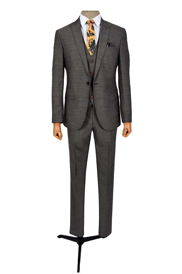 Cengiz Inler Çizgili Kare Desen Tek Düğme 6 Drop Yelekli Slim Fit Erkek Takım Elbise - 3