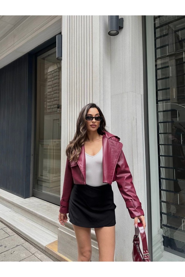 Imported Short Sleeve Belt Detail Leather Jacket