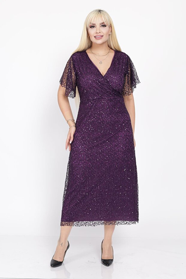 Double Breasted Neckline Plus Size Sequined Evening Dress 23D-2188