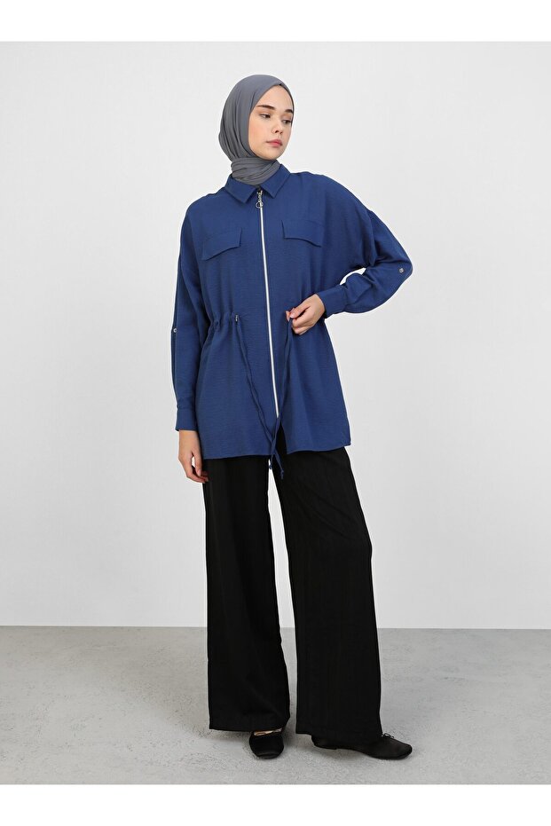 Zippered Cotton Aerobin Tunic - Navy Blue - Refka