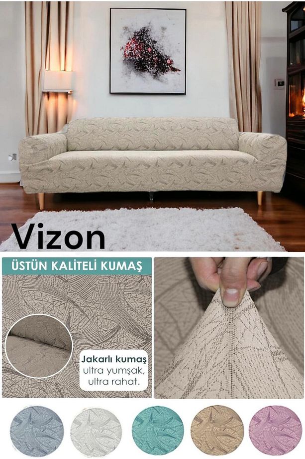 Jakarlı Vizon 3311 Lastikli Kanepe Örtüsü | Lastikli Koltuk Örtüsü | Koltuk Kılıfı | Koltuk Örtüsü - 5