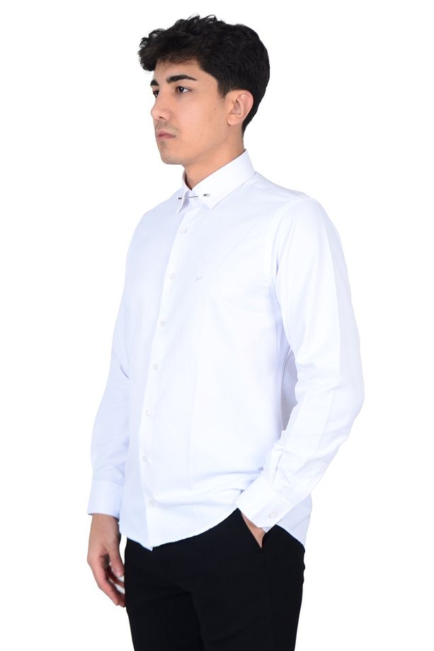 Cengiz Inler Yaka Iğneli Slim Fit Erkek Pamuk Gömlek - 4