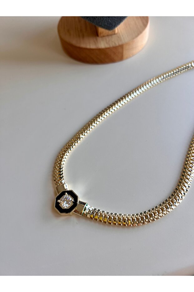 Black Mineled Zircon Stone Crush Chain Necklace (35cm Length)