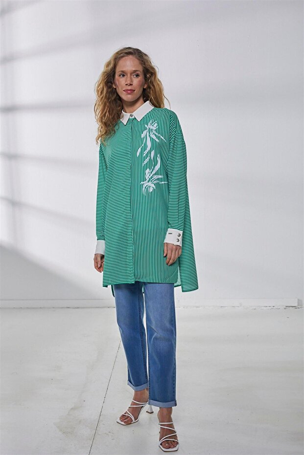 Çizgi Desenli Krep Tunik - Yeşil - 1