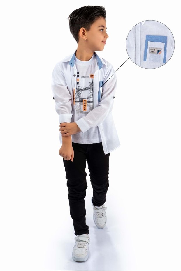 Double Pocket Shirt, Trousers, T-Shirt 3 Pieces Cotton Boy Set MNK965 WHITE