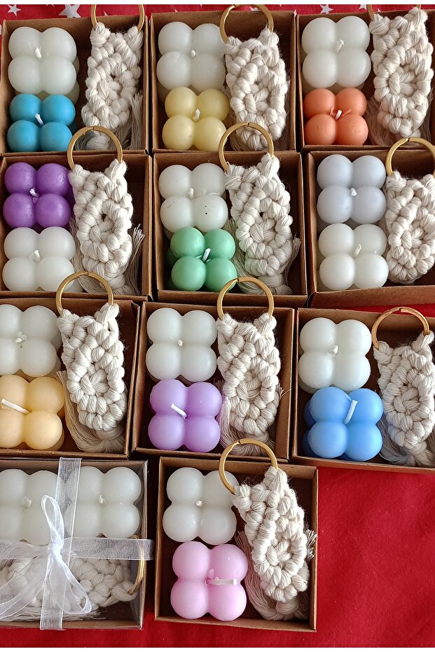 20 Pcs Boxed Candle and Macrame Keychain # Baby # Wedding # Engagement # Word # Gift