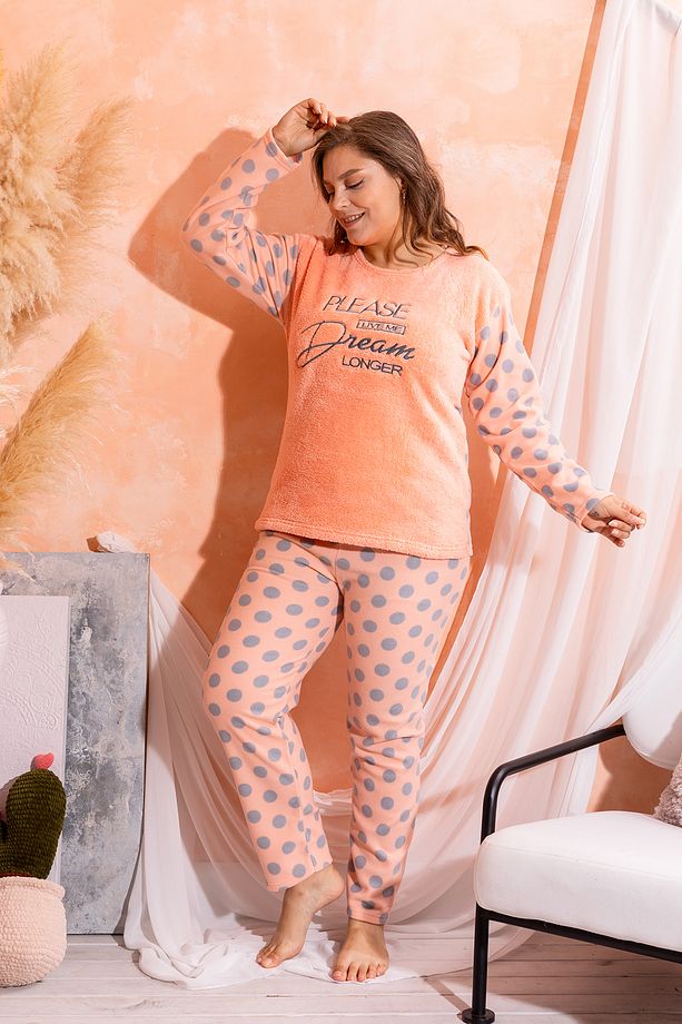 Büyük Beden Peluş Polar Pijama Takımı- Kışlık Büyük Beden Kadın Pijama - 3