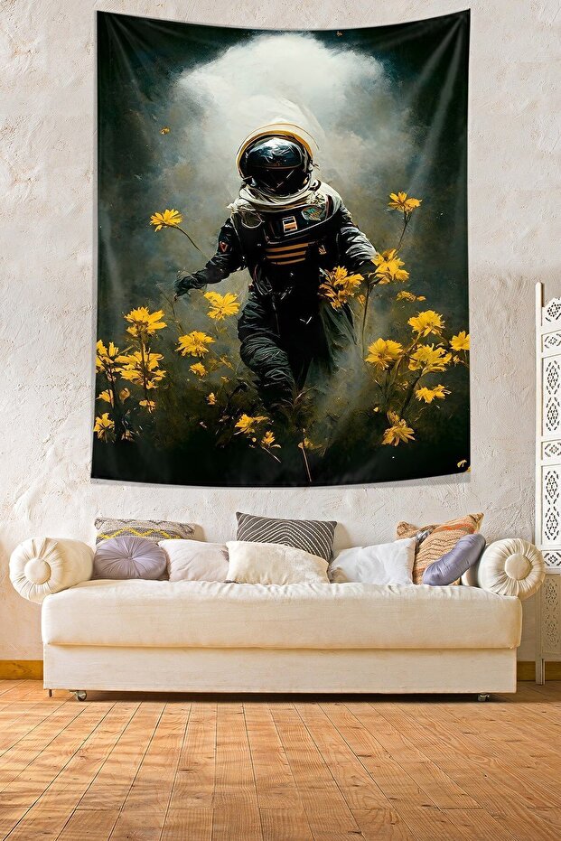 Astronaut Space Flowers Stain Resistant Fabric Wall Cover Wall Carpet Tapestry