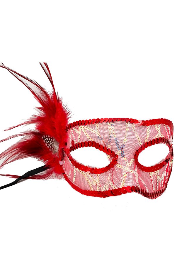Red Color Side Feathered Sequin Embroidered Party Mask 23X12 cm (4940)