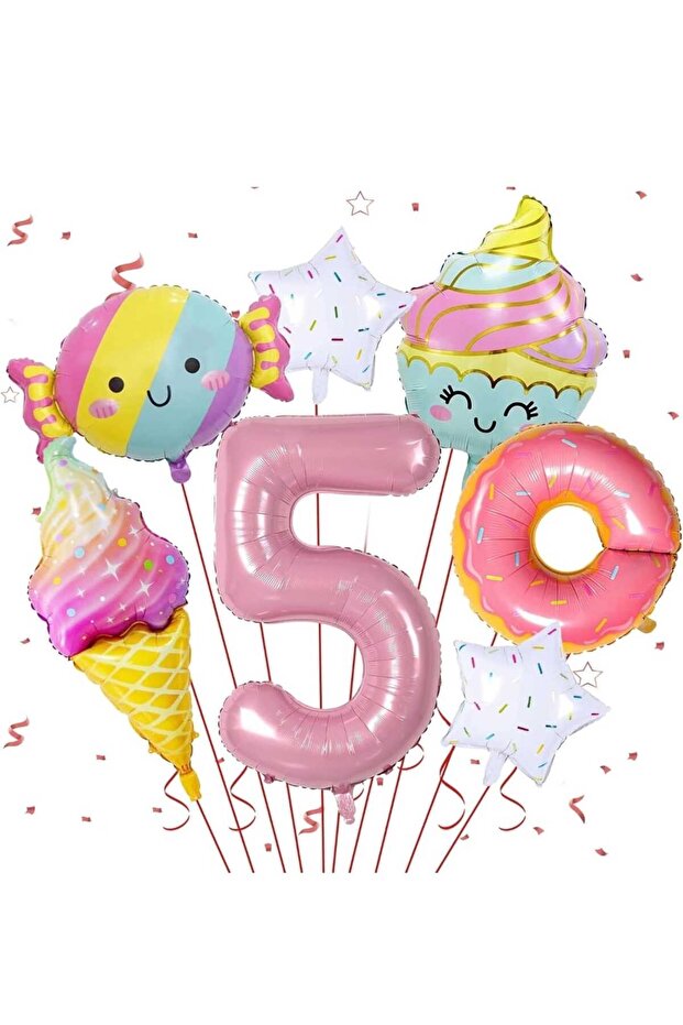 7 Pieces Pentagram Rainbow and Pink Donut Foil Balloons Set