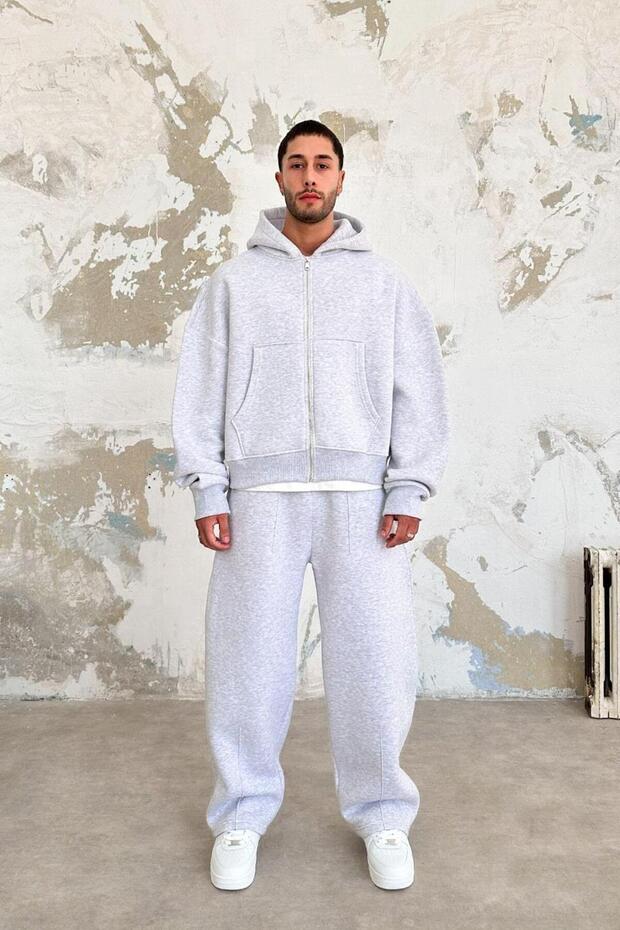 Gri Melanj Cozy Basic Tam Fermuar Oversize Sweatshirt - 1