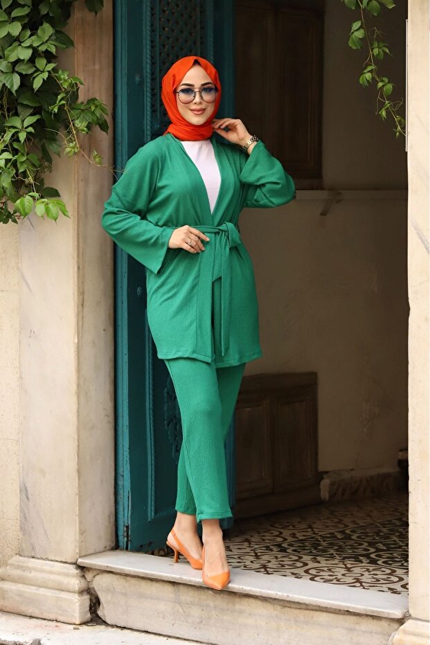 طقم كيمونو حجاب مفصل بحزام