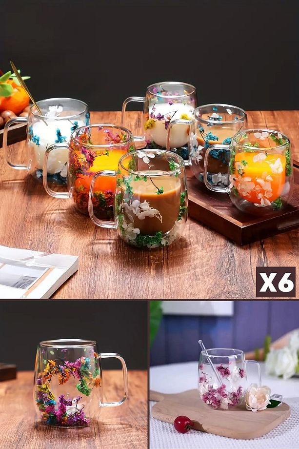 6'lı Çift Cidarlı Çiçekli Bardak 250ml Kahve Çay Bardağı El Yapımı Kulplu Borosilikat Cam Bardağı - 1