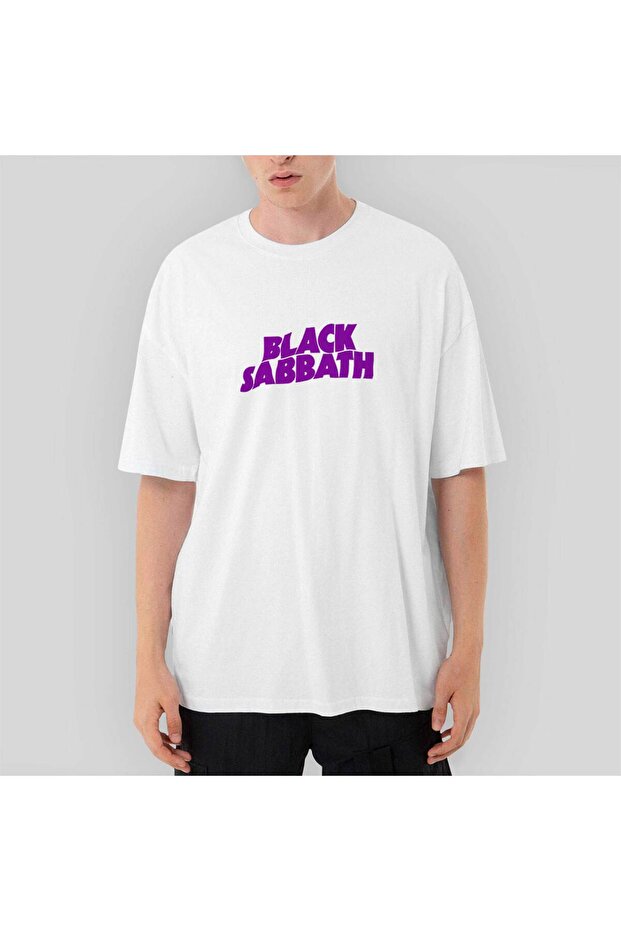 Black Sabbath Purple Text Oversize White T-Shirt