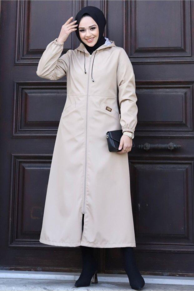 Zipper Detailed Trench Coat Long Top Coat with Front Pocket