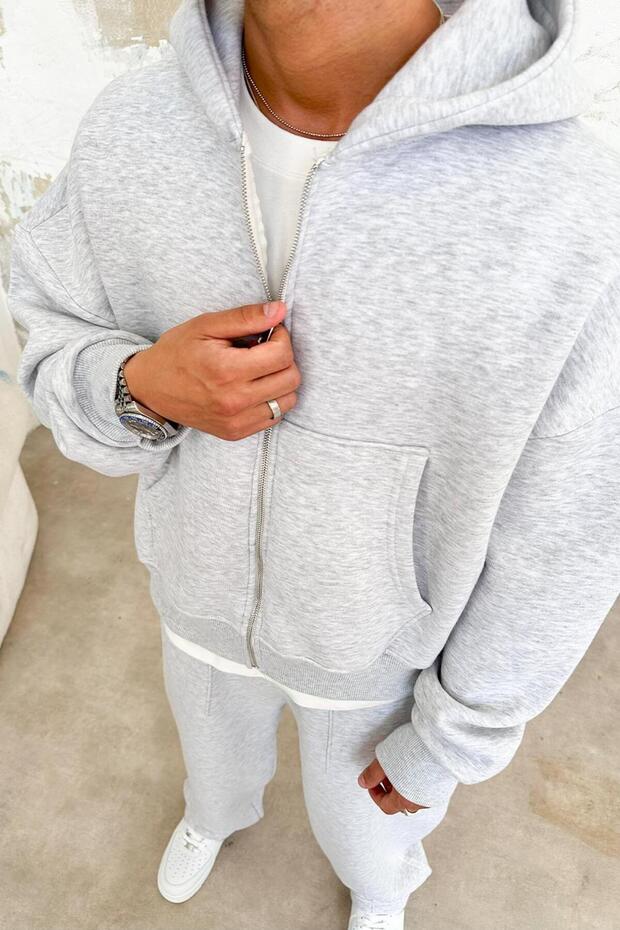 Gri Melanj Cozy Basic Tam Fermuar Oversize Sweatshirt - 3