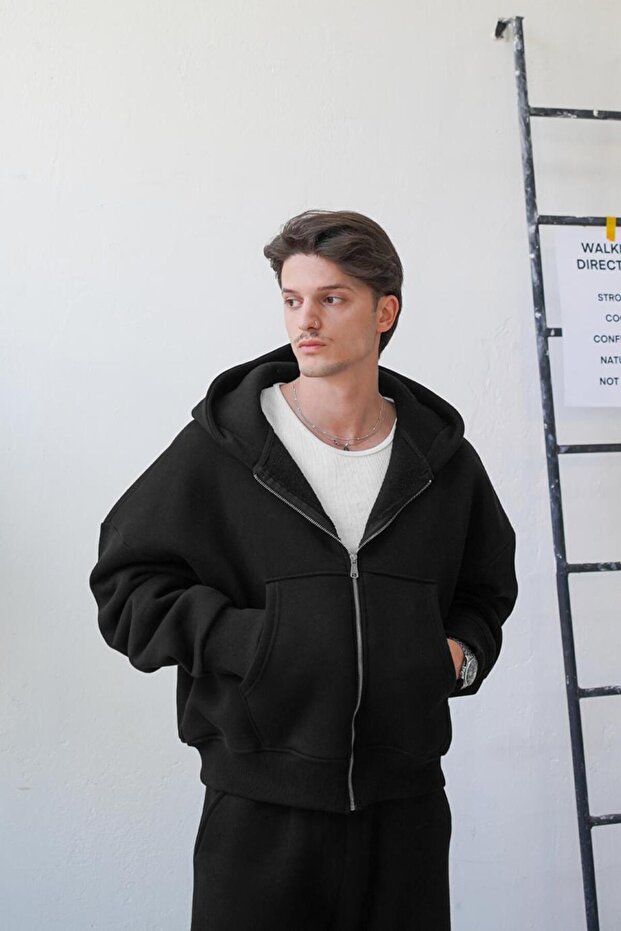 SİYAH Cozy Basic Tam Fermuar Oversize Sweatshirt - 2