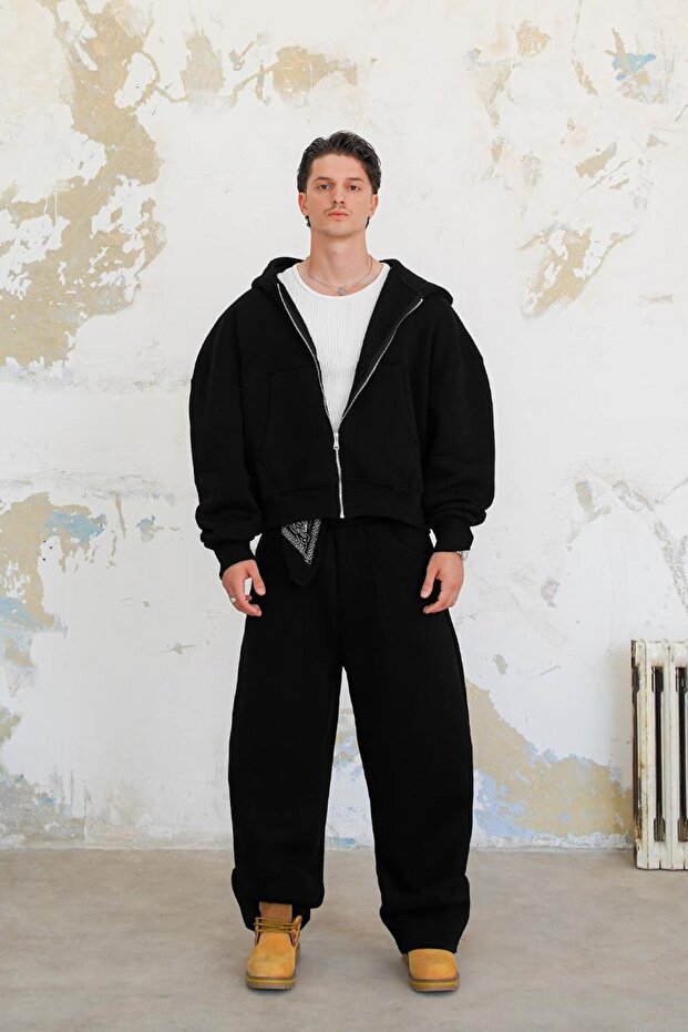 SİYAH Cozy Basic Tam Fermuar Oversize Sweatshirt - 7