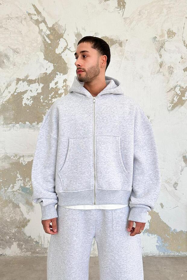 Gri Melanj Cozy Basic Tam Fermuar Oversize Sweatshirt - 2