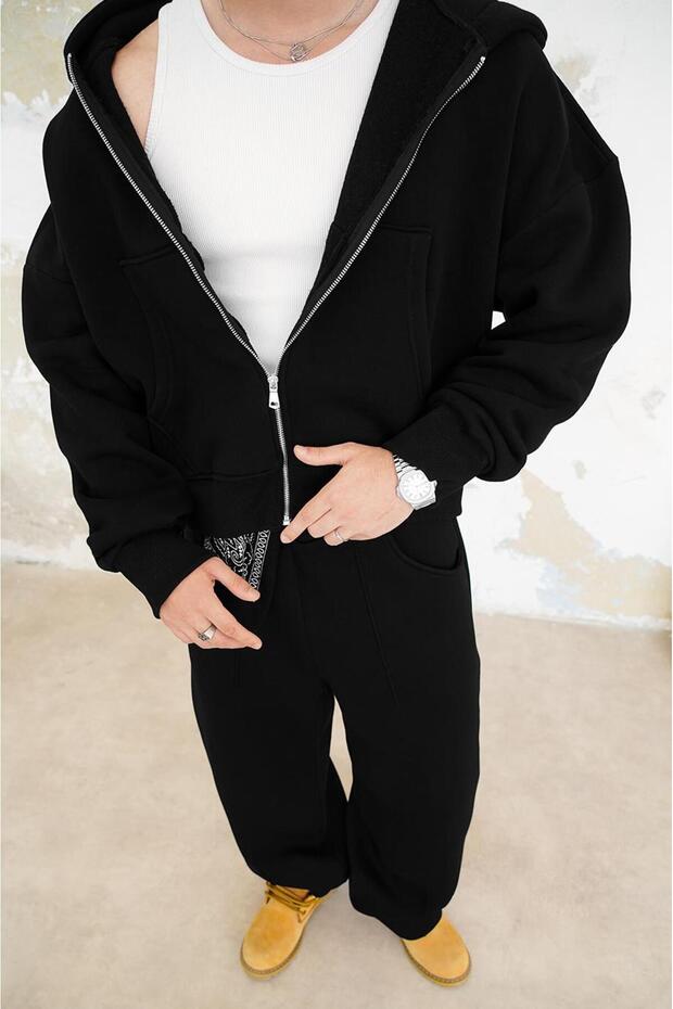 SİYAH Cozy Basic Tam Fermuar Oversize Sweatshirt - 6