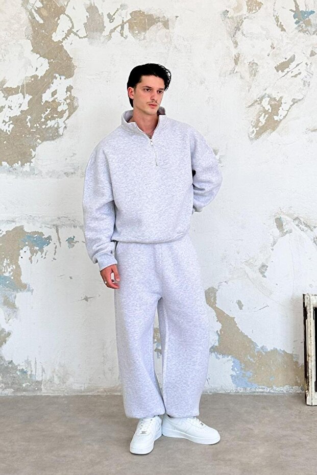 Gray Melange Cozy Basic Half Zipper Oversize Sweatshirt