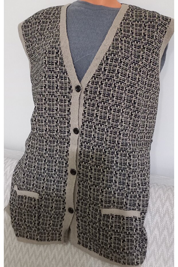 Er Clothing Winter Batalo Knitwear Vest Buttoned Pocketed Patterned Beige