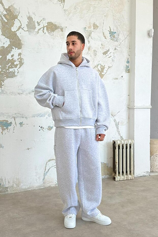 Gri Melanj Cozy Basic Tam Fermuar Oversize Sweatshirt - 5