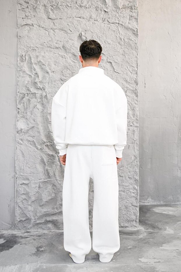 White Cozy Basic Half Zipper Oversize Sweatshirt - 5