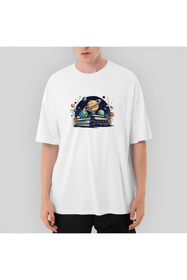 Λευκό μπλουζάκι Book Planets oversized - 1