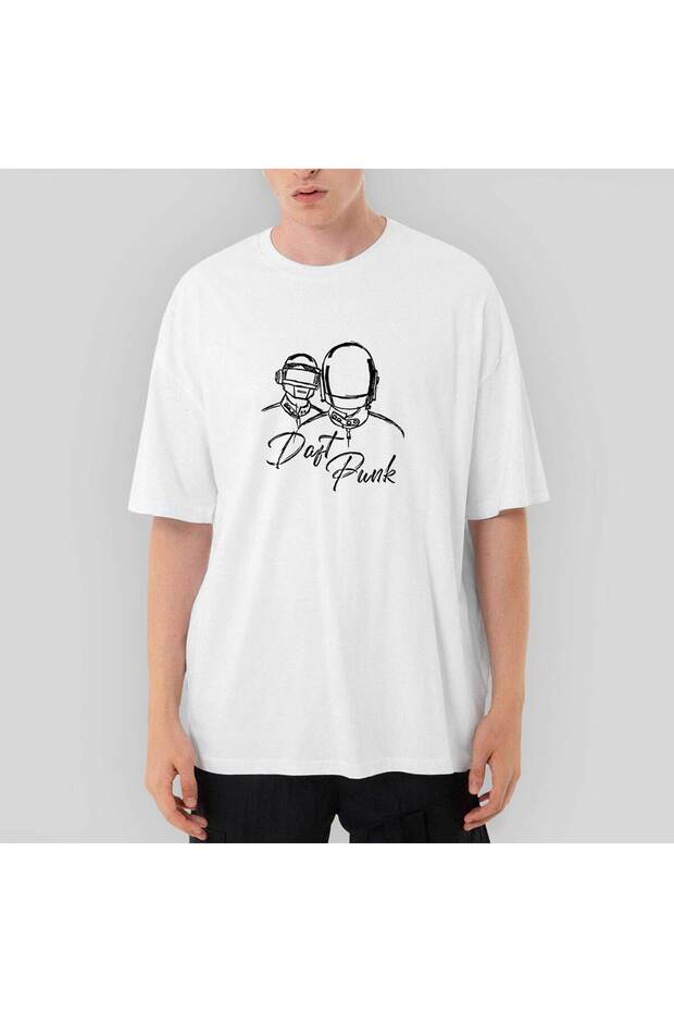 Daft Punk Drawing Oversize White T-Shirt XL