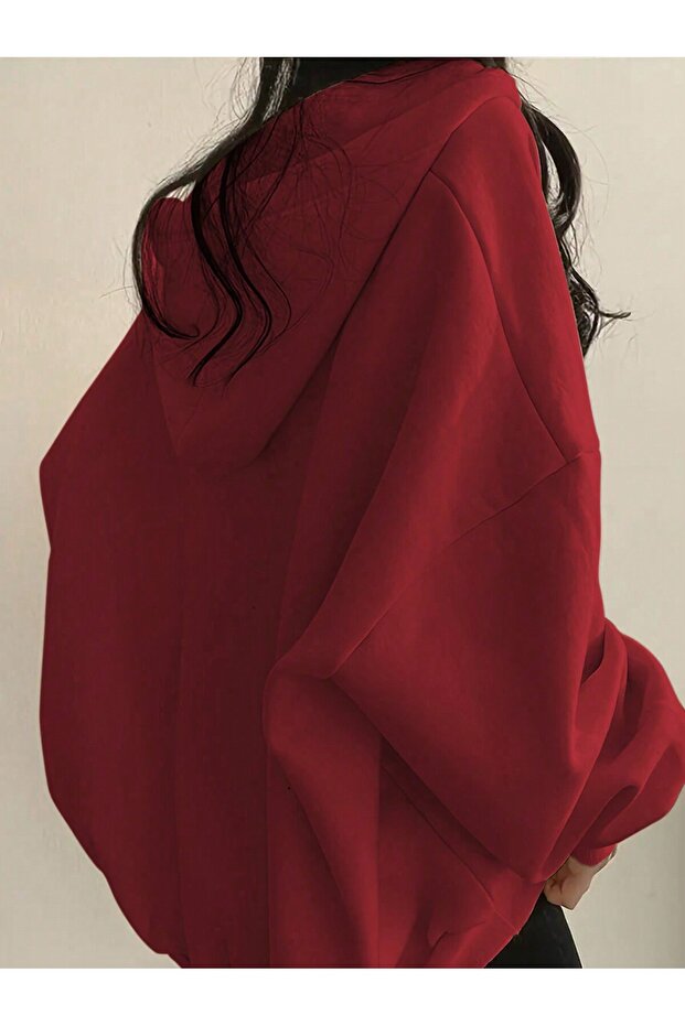 Unisex V-Yaka Kapüşonlu Basic Oversize Swetshirt - 2