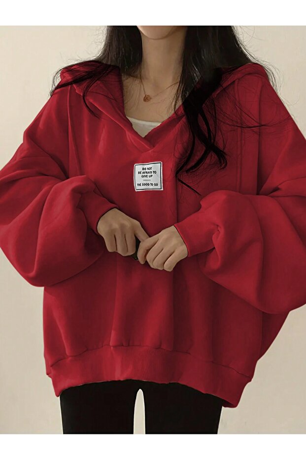 Unisex V-Yaka Kapüşonlu Basic Oversize Swetshirt - 1